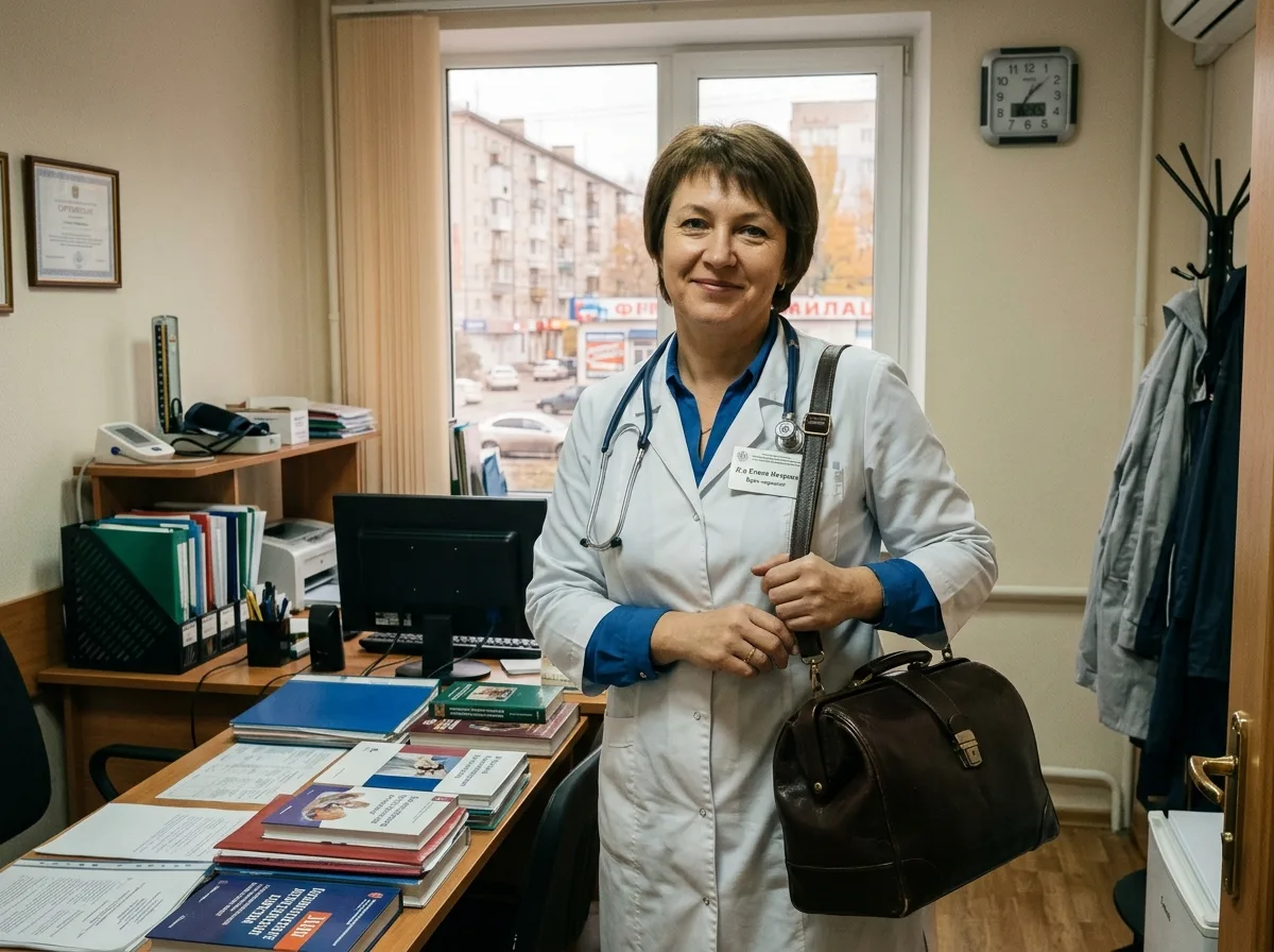 Врач-нарколог в белом халате с медицинским чемоданчиком готовится к выезду на дом, профессиональная обстановка медицинского кабинета, уверенный взгляд, Волгоград